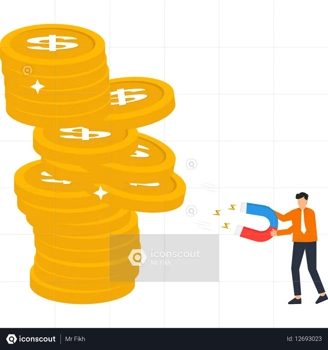 Empresário com ímã puxando moedas de ouro sucesso financeiro  Ilustração