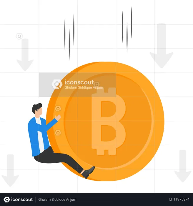 Empresário com queda no preço do bitcoin voando para baixo  Ilustração