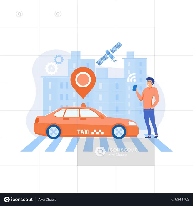 Empresário com smartphone pegando táxi sem motorista com sensores e pino de localização  Ilustração