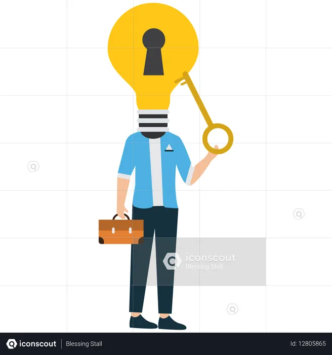 Hombre de negocios con cabeza de bombilla sosteniendo la clave de la solución  Ilustración