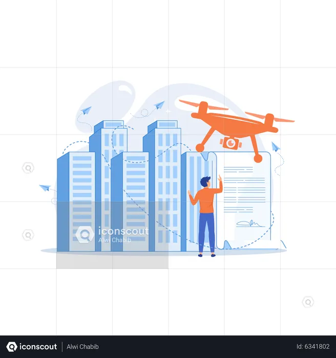 Empresario con documento de lectura de drones con regulaciones  Ilustración