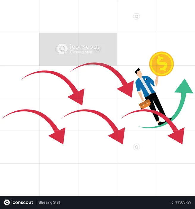 Hombre de negocios con idea para superar dificultades en crisis económica  Ilustración