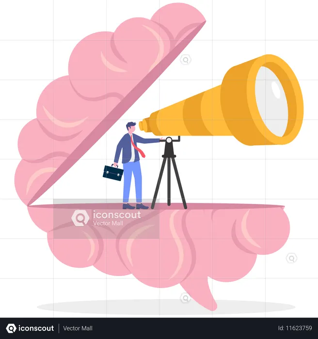 Hombre de negocios de mente abierta mientras usa un telescopio para encontrar una visión empresarial  Ilustración
