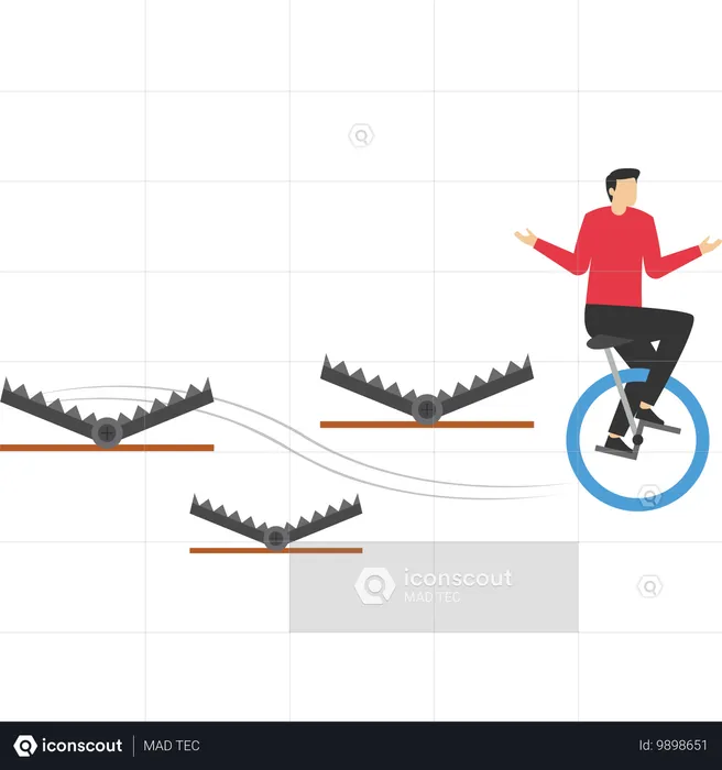 Empresario con bicicleta pasa muchas trampas para osos de acero para lograr el éxito empresarial  Ilustración