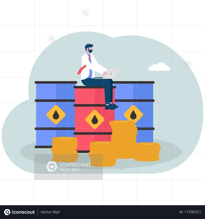 Hombre de negocios con tanque de petróleo sobre una pila de dinero  Ilustración
