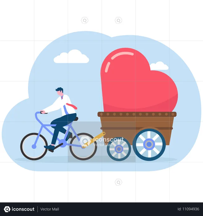 Hombre de negocios conduciendo una motocicleta con un gran símbolo de corazón con mensaje  Ilustración