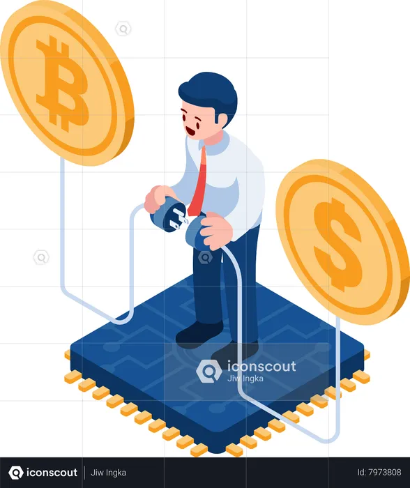 Empresário conectando bitcoin  Ilustração