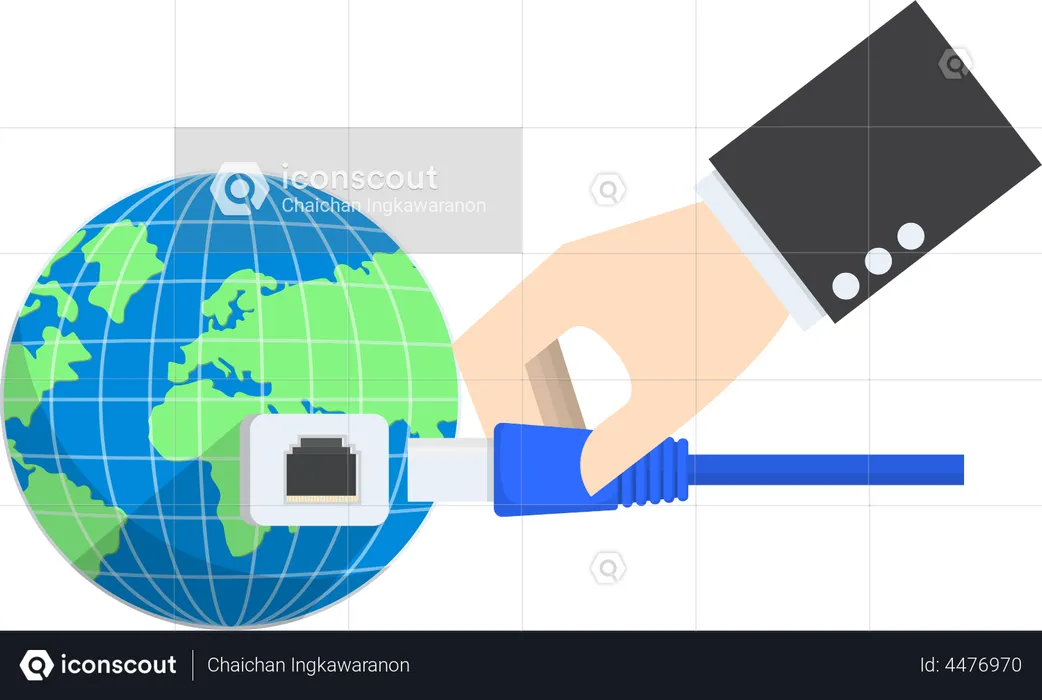 Empresário conectando o plug ao mundo  Ilustração