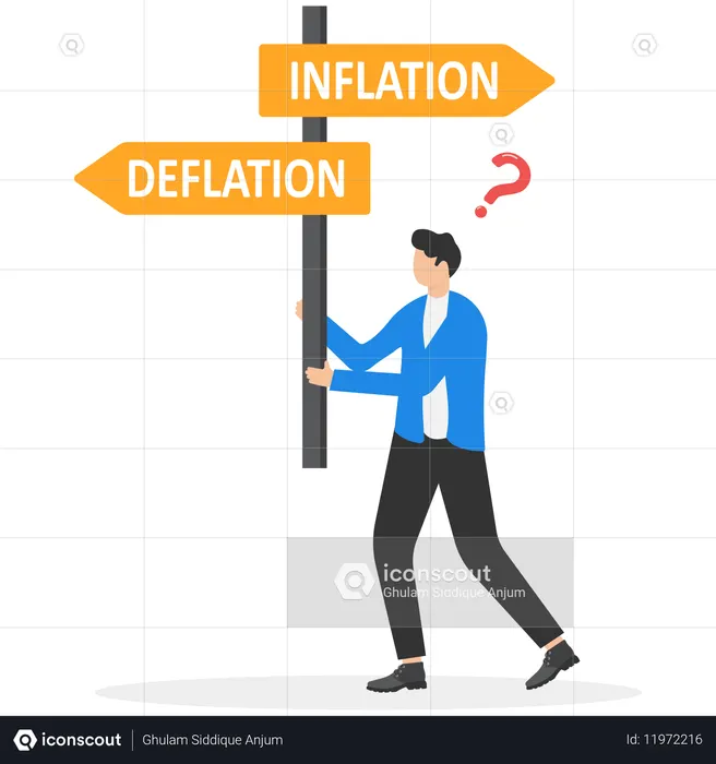Empresario confundido con signos de inflación y deflación  Ilustración