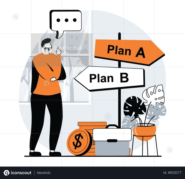 Empresario confundido seleccionando el plan a o b  Ilustración
