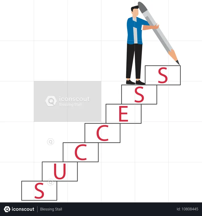 Empresário constrói escadas de sucesso com lápis gigante na mão  Ilustração