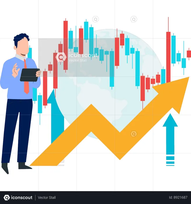 Empresario hablando sobre el gráfico del mercado de valores  Ilustración