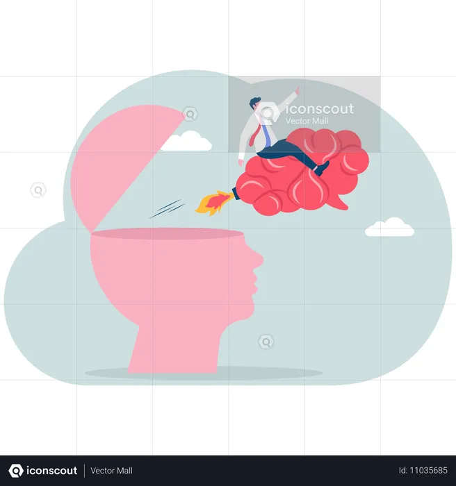 Hombre de negocios controla el cerebro que sale volando de su cabeza  Ilustración