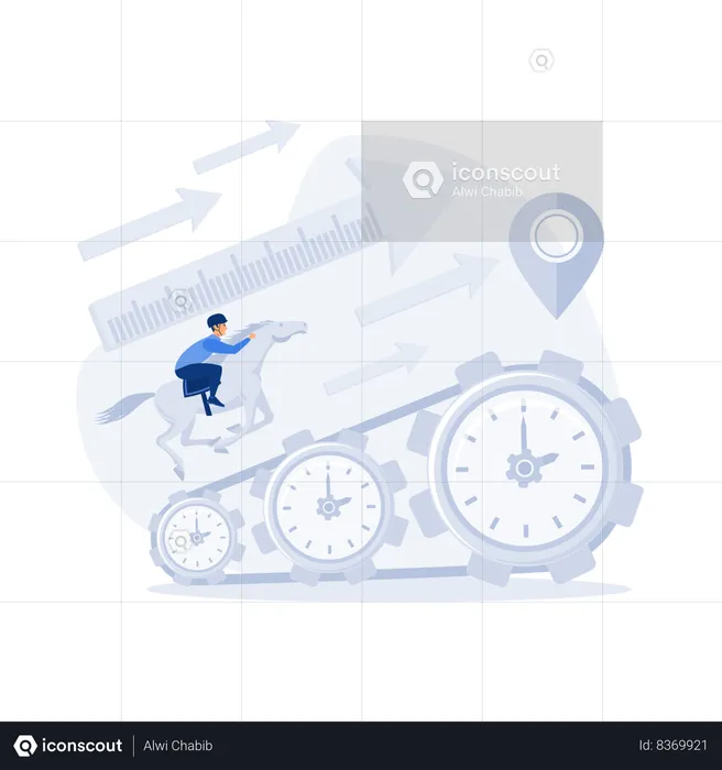 Empresário corre ao longo da engrenagem em forma de relógio  Ilustração
