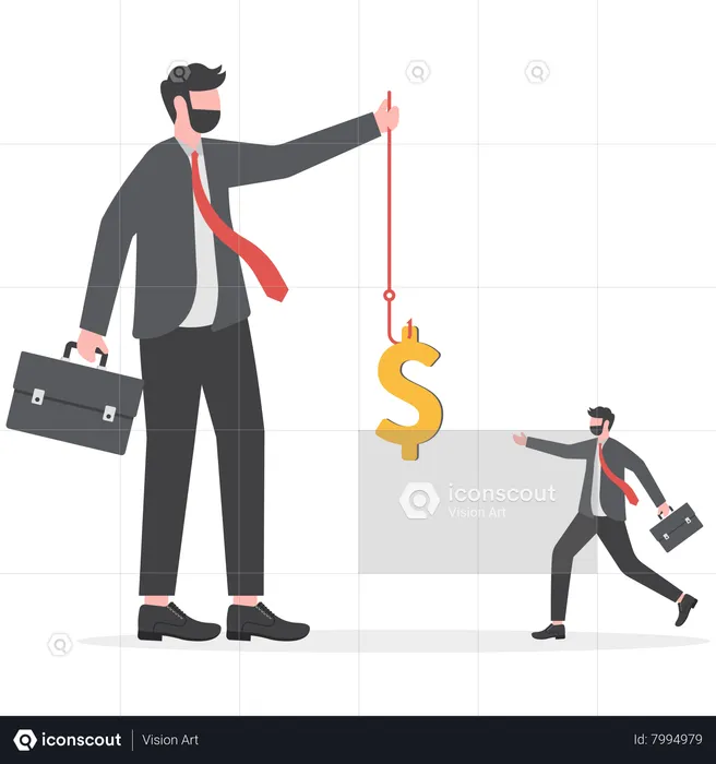 Empresario corriendo a atrapar un dólar colocado en un gancho  Ilustración