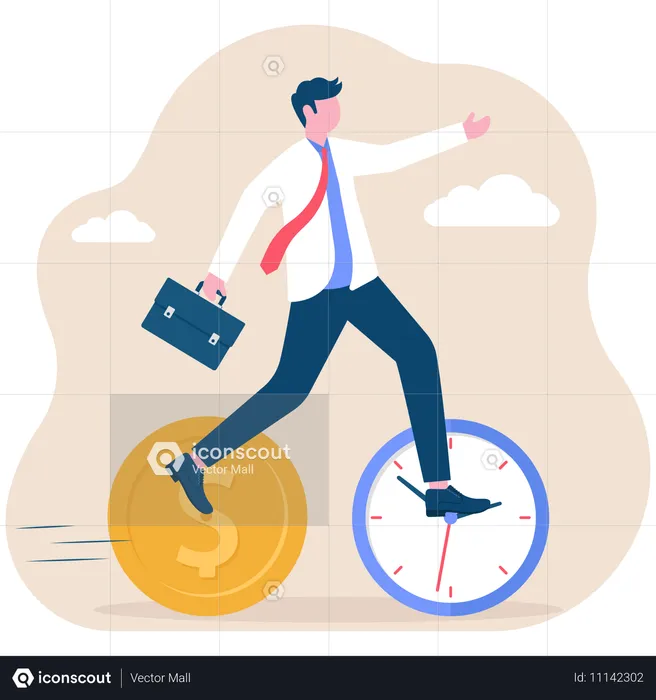 Hombre de negocios corriendo con reloj y dólar  Ilustración