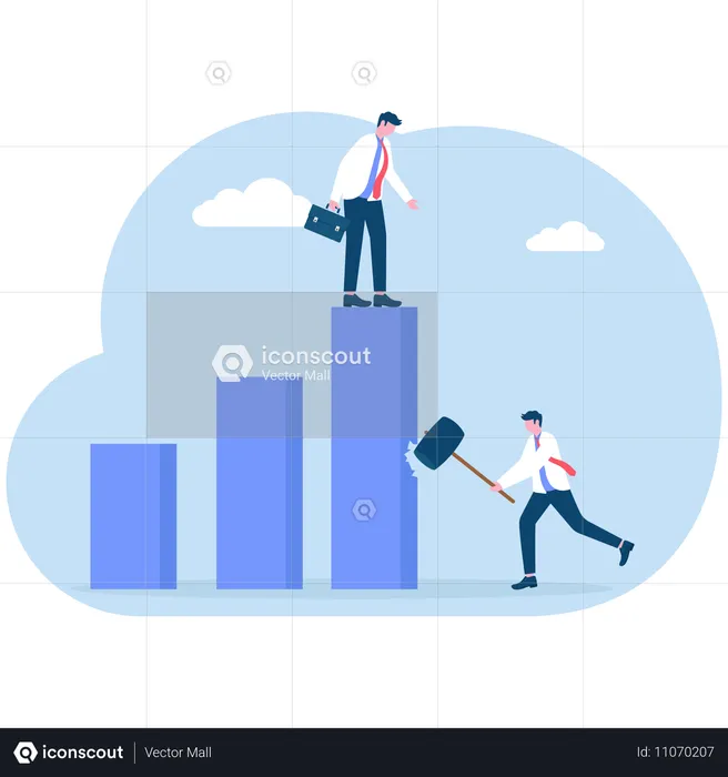 Hombre de negocios recortando un gráfico de barras con otro hombre de negocios encima  Ilustración