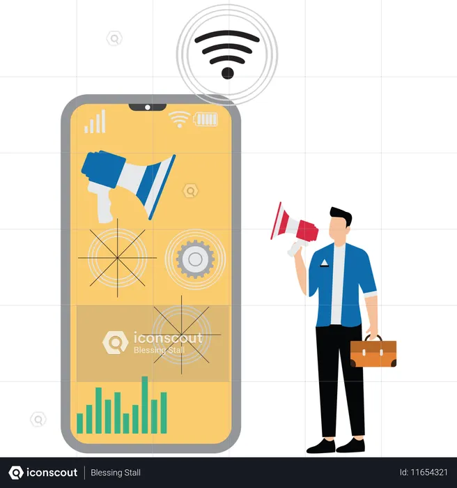 Empresário fazendo estratégias de marketing móvel  Ilustração
