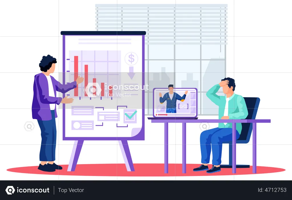 Empresario dando a los empleados una presentación del gráfico de ganancias crecientes  Ilustración
