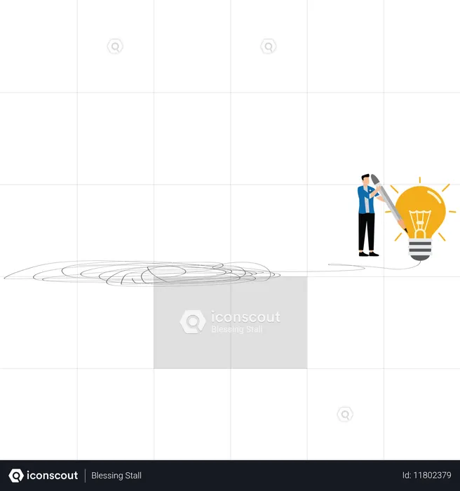 Empresário desenha lâmpada de um nó bagunçado para simplificar problema empresarial complexo  Ilustração