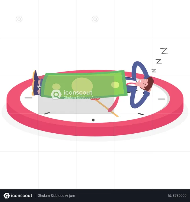 Empresário dormindo com cobertor de dinheiro do relógio  Ilustração