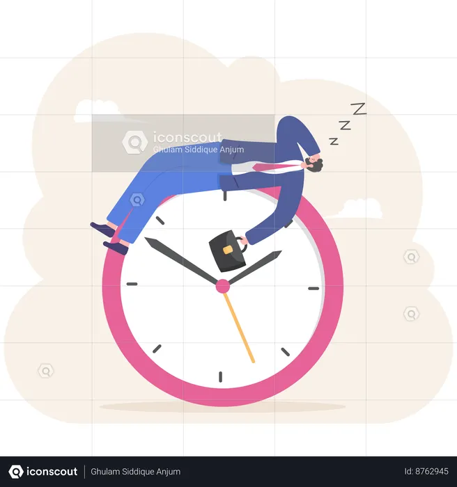 Empresario durmiendo en reloj grande  Ilustración