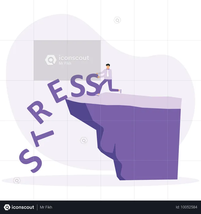 Hombre de negocios empujando el estrés sobre la cabeza grande del pensamiento humano  Ilustración