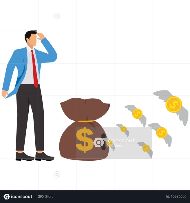 El dinero del hombre de negocios sale volando del banco  Ilustración