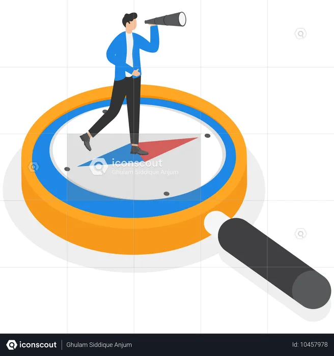 Empresário em pé na bússola enquanto encontra visão de negócios  Ilustração