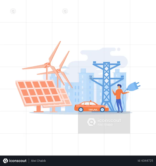 Empresario en ciudad verde y coche eléctrico utilizando combustible alternativo  Ilustración