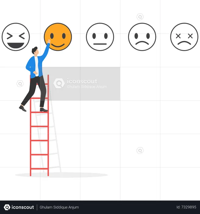 Empresario en escalera dando retroalimentación con emoticonos  Ilustración