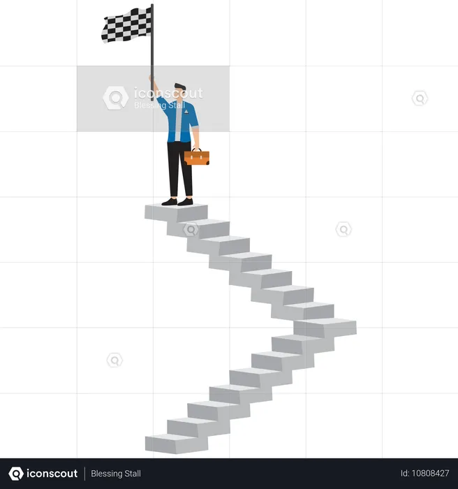 Hombre de negocios en lo alto de las escaleras tomando la bandera de la victoria  Ilustración