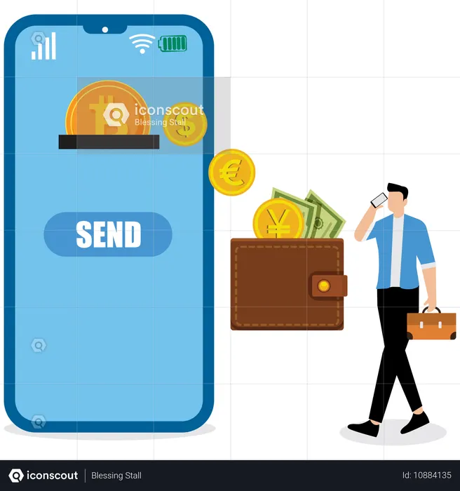 Empresário enviando dinheiro do celular  Ilustração