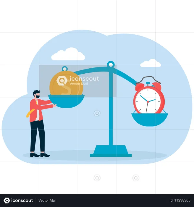 El empresario equilibra el trabajo y el dinero  Ilustración