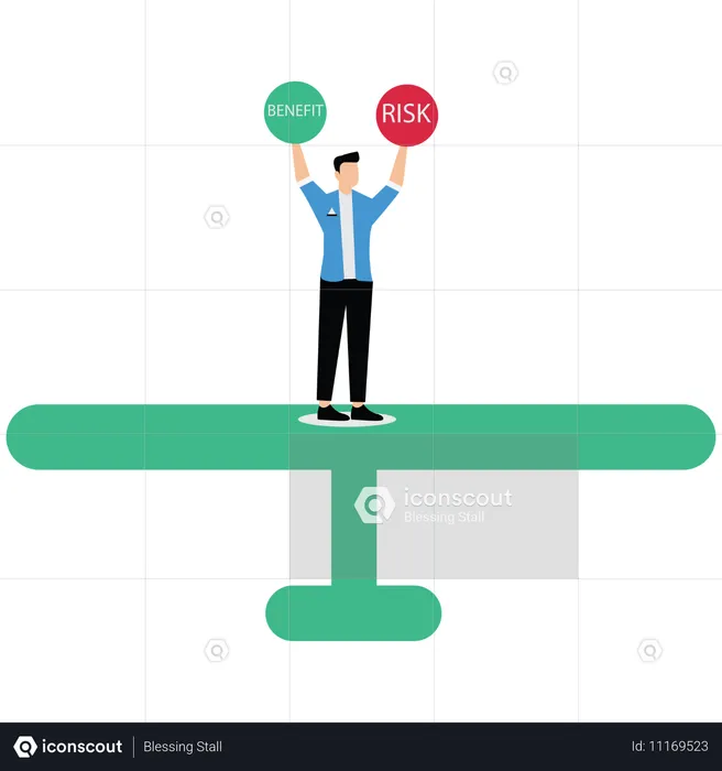 Empresario equilibrando el riesgo y el beneficio empresarial  Ilustración