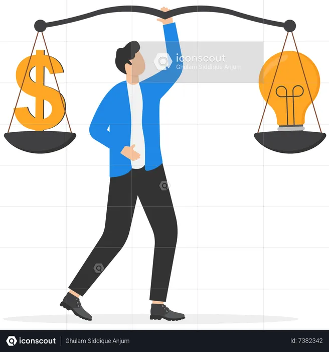 Empresario equilibrio bombilla idea y dinero signo de dólar  Ilustración