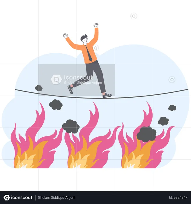 Equilibrio de empresario en llamas deslizándose hacia el estanque de fuego  Ilustración