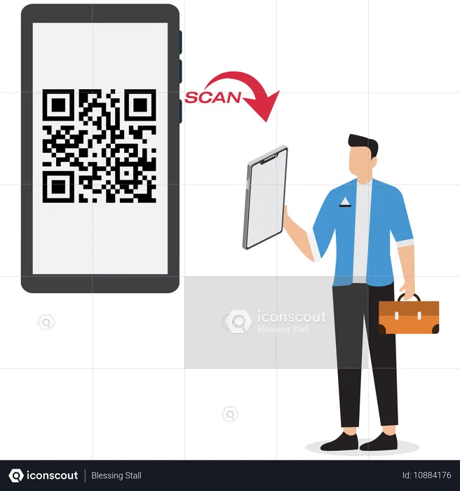 Hombre de negocios escaneando un código QR en un móvil  Ilustración