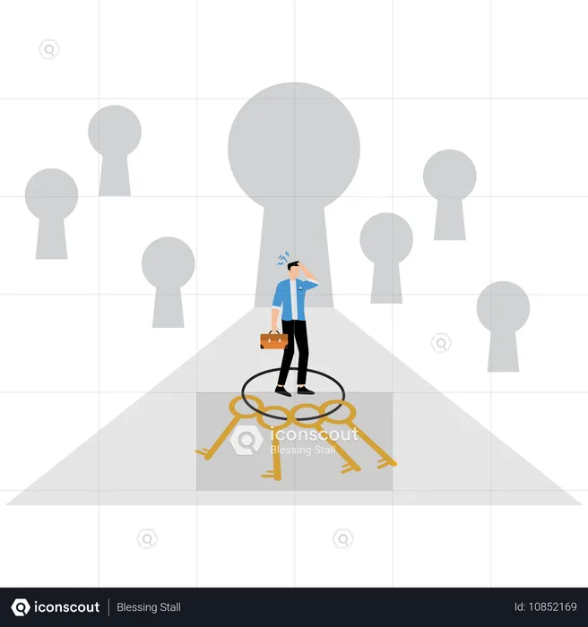 Empresário escolhendo o buraco da fechadura certo  Ilustração