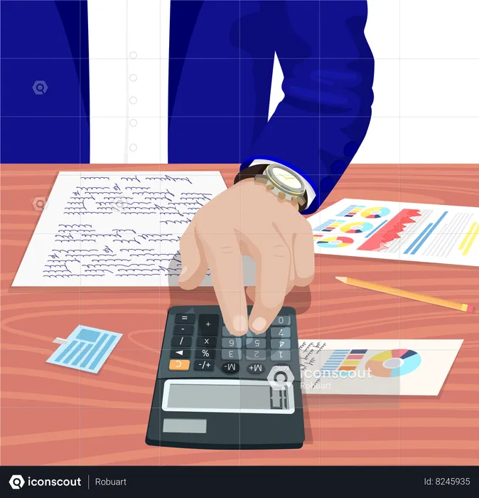 O empresário está calculando seu lucro na calculadora  Ilustração