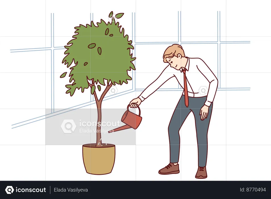 El hombre de negocios está regando las plantas.  Ilustración