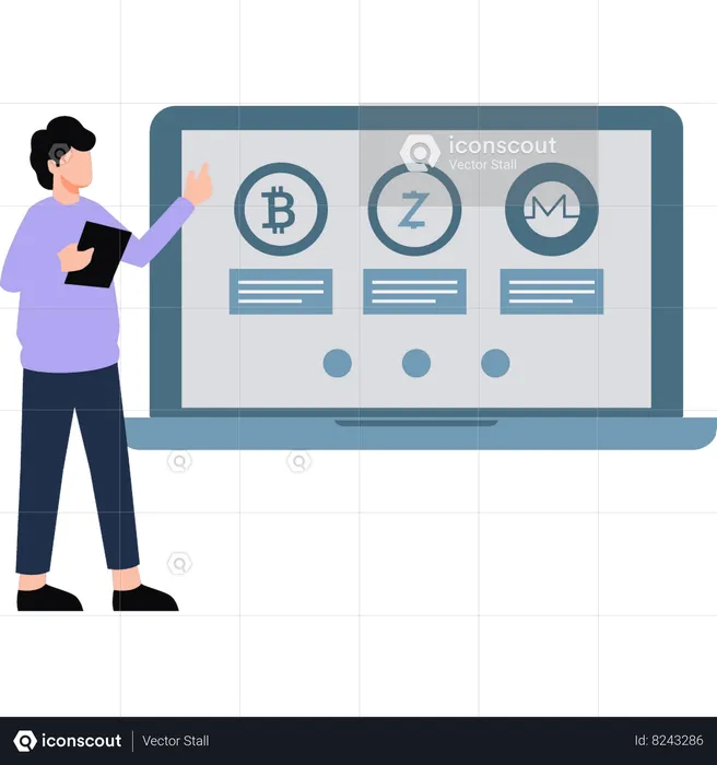 El hombre de negocios está viendo el mercado de acciones en una cartelera  Ilustración