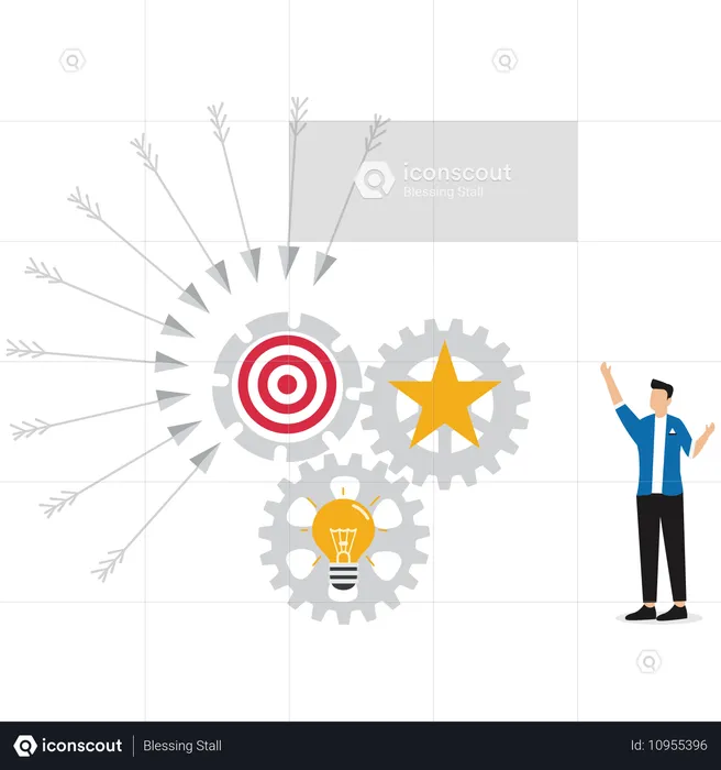 Empresario fijando metas en el objetivo con flechas que vienen desde diferentes direcciones hacia logros profesionales  Ilustración