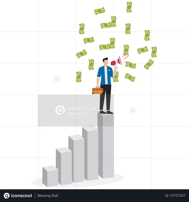 Empresário falando em megafone notas de dinheiro  Ilustração