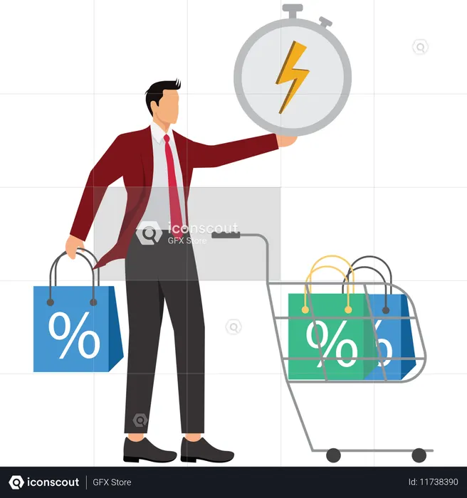 Empresário fazendo compras em vendas relâmpago e ofertas limitadas  Ilustração