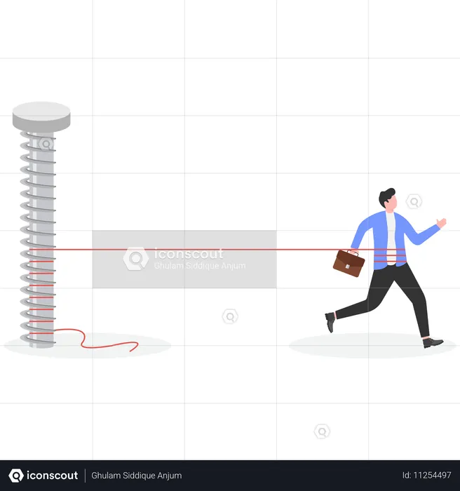 Empresário com flecha para frente amarrada em prego  Ilustração