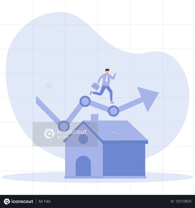 Empresario que avanza en el gráfico de crecimiento mientras aumentan los precios de la vivienda y el crecimiento del sector inmobiliario  Ilustración