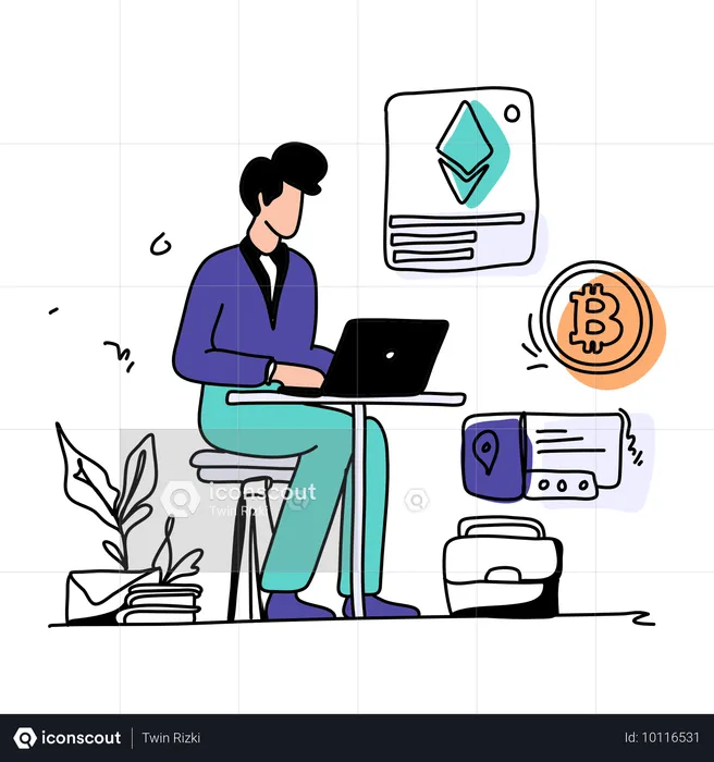 Empresário gerenciando blockchain online  Ilustração