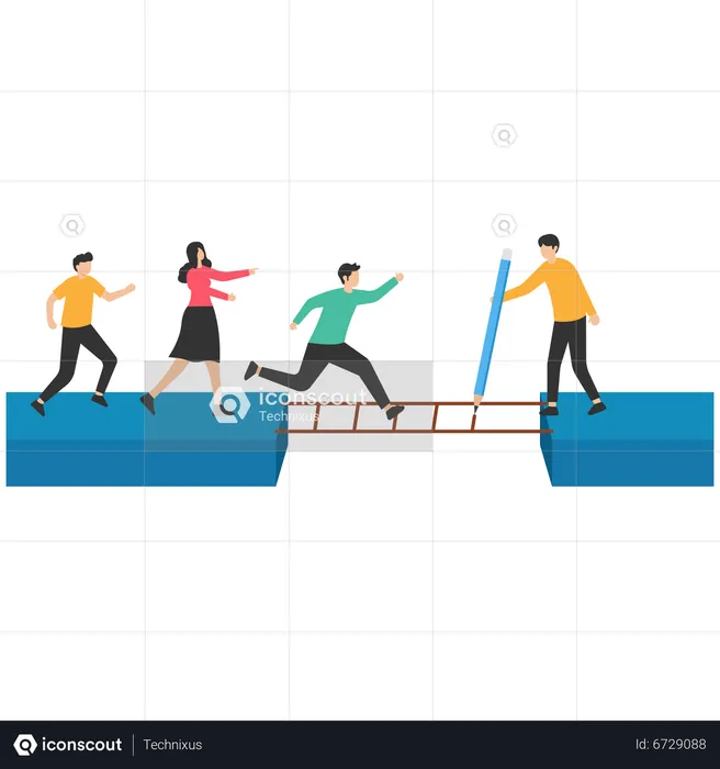 El gerente de negocios dibuja una línea como puente para ayudar a los miembros del equipo a cruzar el acantilado.  Ilustración