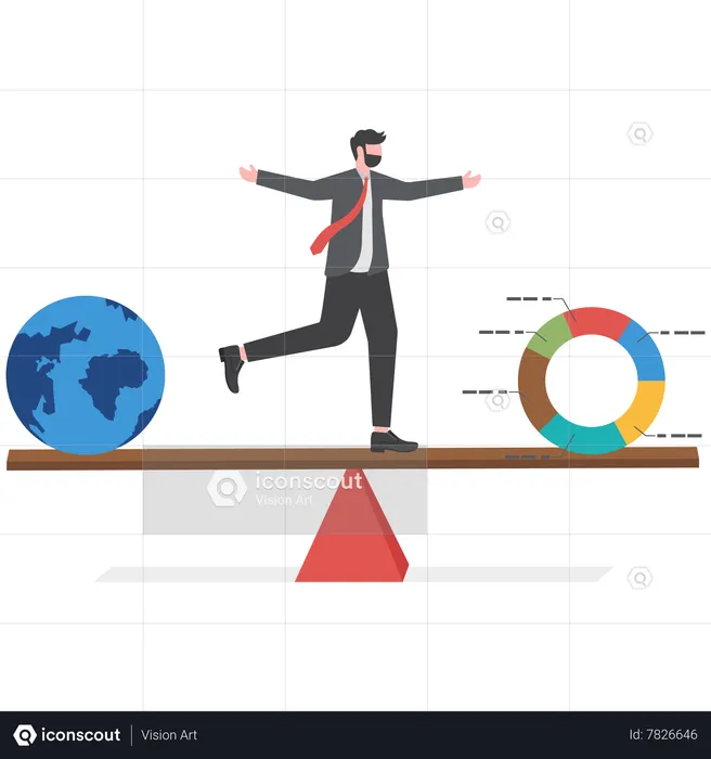 Gráfico de pizza de equilíbrio do gestor de fundos do empresário com globo ou mundo  Ilustração
